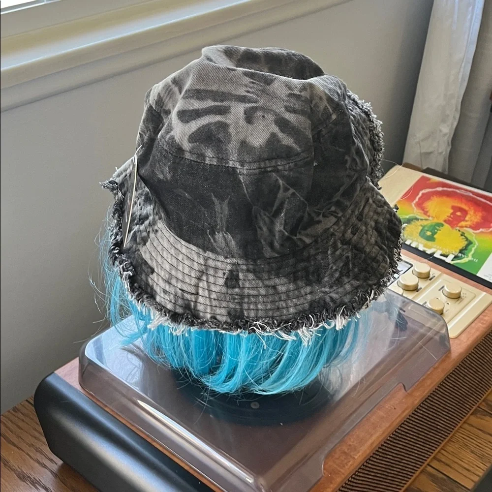 Black Tie-Dye Bucket Hat with Frayed Edges